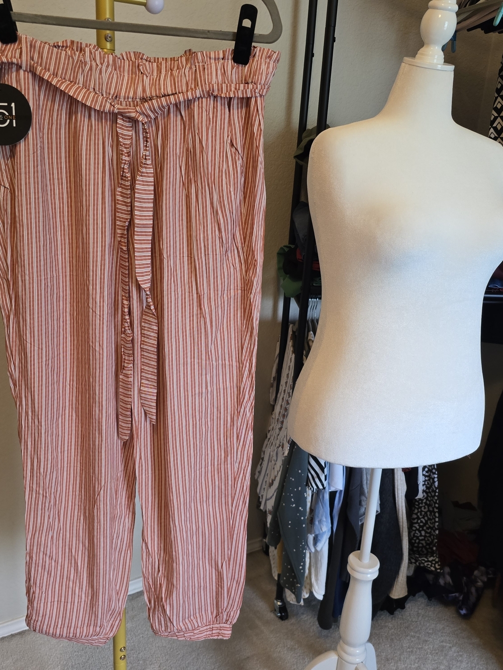 one 5 one Coral and White Striped Paperbag Waist Trousers